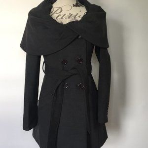 Love Stitch Double Breasted Shawl Cape Collar Belted Coat Grey Small